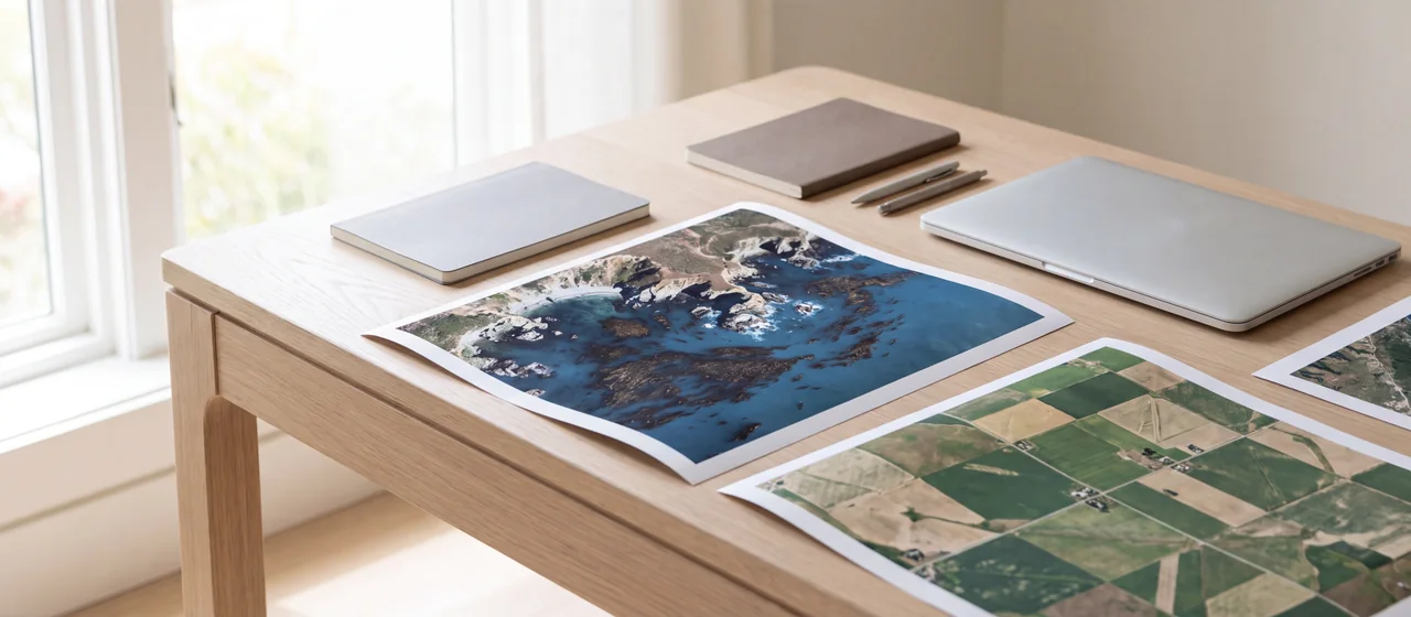 A work table by a window with printed satellite images of a rocky coastline and of farmland, a closed laptop, notebooks and pens.